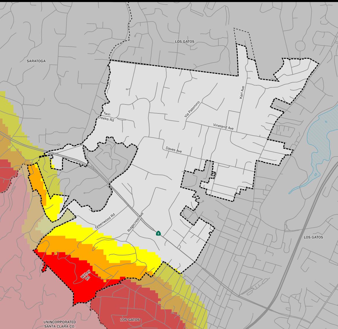Fire zones for Monte Sereno in red, orange and yellow colors