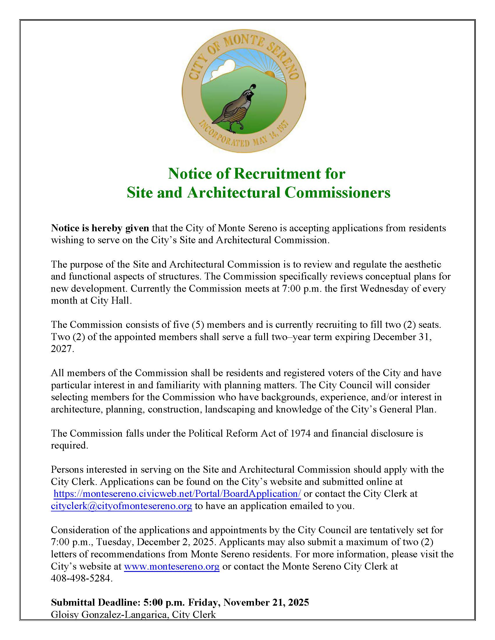 Notice of Recruitment for Site and Architectural Commissioners