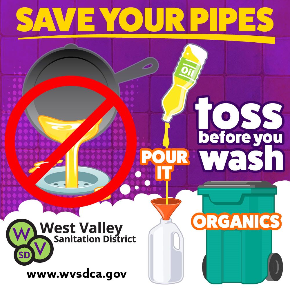 Text saying save your pipes, a frying pan with grease, a red symbol across it saying don’t p