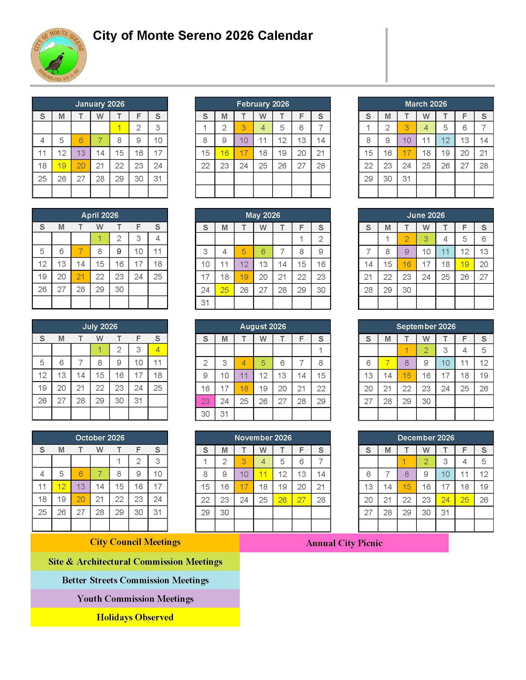 City of Monte Sereno 2026 Calendar
